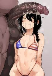 ai_generated american_flag_bikini chainsaw_man cock_bigger_than_head cum_in_mouth holding_cum_in_mouth leaking_cum looking_pleasured looking_up_at_penis mouth_closed nayuta_(chainsaw_man) shortstack small_breasts