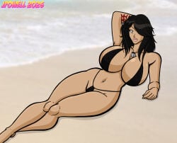 1girls beach bikini black_hair dogtags female female_only green_eyes huge_breasts laying_on_back navel_piercing randomredux rubi_malone tattoo tattoo_on_arm tattooed_arm wet_(game)