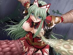 1girl 2000s_(style) bdsm blue_eyes blush bondage bound breast_sucking breasts censored cum drooling elixir_rose game_asset grabbed_by_tentacles green_hair kagashima_itsuki large_breasts long_hair magical_girl mahou_senshi_(series) mahou_senshi_elixir_knights night nipples non-web_source official_art open_mouth outdoors rape restrained saitou_natsuki self-datamine slime_(substance) solo tears tentacles torn_clothes variant_set visual_novel_cg