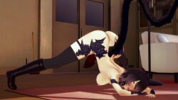 1girl alternate_genitals big_ass black_hair boots dragon_cock dragon_girl dragon_tail embarrassed_nude_female futanari gradient_hair hopesodesirable horns jack-o_pose koikatsu large_breasts large_penis mostly_nude nipples original_character penis red_eyes scales thigh_strap thighhighs thighs white_hair