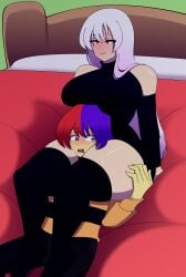 1boy1girl blushing dest_(destinya) fully_clothed head_between_thighs lavender_hair sitting_on_bed thick_thighs thighhighs two-tone_hair white_hair yazu_(artist) yazuel_aliel zixy_oc
