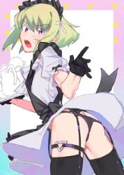 1boy 1femboy androgynous ass ass_focus black_legwear black_panties blush blushing_at_viewer bob_cut crossdressing embarrassed femboy femboy_only feminine_faced_male feminine_male garter_belt lio_fotia maid maid_headdress maid_outfit maid_uniform male panties petite petite_body petite_male pov promare short_hair short_male skirt_lift slim slim_male slim_waist solo stockings surprised surprised_expression sweat sweatdrop thigh_strap thighhighs thin_waist twink