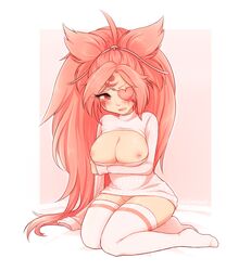 1girls alternate_version_available amputated_arm amputee baiken big_breasts breasts busty cleavage cleavage_cutout female female_focus female_only full_body guilty_gear hourglass_figure kneeling long_hair lulena missing_arm ponytail solo sweater thighhighs turtleneck turtleneck_sweater wide_hips