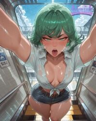 ai_generated alternative_costume blush blushing blushing_at_viewer blushing_female blushing_profusely casual cleavage curly_hair denim_shorts deurahh female_focus green_eyes green_hair hi_res imminent_anal imminent_fellatio imminent_oral imminent_penetration imminent_sex large_breasts looking_at_viewer one-punch_man one_punch_man pov pov_eye_contact see-through shiny_skin short_hair short_shorts solo solo_female solo_focus steam steaming_body steaming_breath sweat tatsumaki tatsumaki_(one_punch_man) thicc thicc_thighs thick_ass thick_thighs underboob voluptuous voluptuous_body voluptuous_female wet_clothes wet_shirt wide_hips
