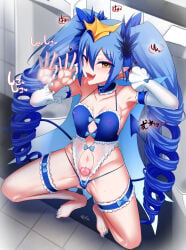 1girl armpits big_shine blue_hair blue_nails blue_panties bombergirl breasts commentary_request covered_nipples demon_girl demon_tail detached_sleeves drill_hair fangs fellatio_gesture highres lewisia_aquablue long_hair looking_at_viewer navel panties pointy_ears pubic_tattoo pussy_juice pussy_juice_drip pussy_juice_drip_through_clothes small_breasts squatting tail tattoo thigh_strap tongue tongue_out twin_drills twintails underwear variant_set very_long_hair yellow_eyes