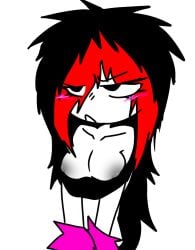 black_and_red_hair black_nipples boobs_out emo emo_girl emo_hairstyle mixi_bunny pale_skin shirt_down white_background white_skin