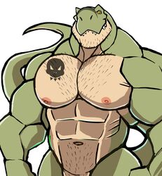 2021 abs absurd_res anthro barazoku big_muscles body_hair chest_hair darknaigart dinosaur facial_hair hi_res huge_muscles jace_(darknaig) looking_at_viewer male male_only muscular muscular_anthro muscular_male navel nipples non-mammal_nipples nude obliques pecs pubes reptile scalie simple_background smile solo standing tattoo teeth theropod tyrannosaurid tyrannosaurus tyrannosaurus_rex white_background