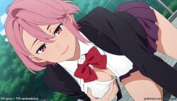 1girl 1girls absurd_res ai_assisted ai_generated all_fours anime ass bangs bent_over black_blazer blazer blue_sky blush boobs bowtie breast_grab breasts bubble_butt butt cleavage cloud collared_shirt curvaceous curvy curvy_figure dandadan day english_text fence grabbing_own_breast hair_between_eyes hair_up half-closed_eyes high_resolution highres hourglass_figure huge_ass huge_butt large_breasts light-skinned_female long_hair looking_at_viewer midriff miniskirt navel open_blazer outdoors patreon patreon_logo patreon_username pink_eyes pink_hair pleated_skirt ponytail purple_skirt red_bow red_bowtie school_uniform seductive_smile shiratori_aira_(dandadan) sideways smile solo thick_thighs thighs tree unbuttoned_shirt veyluna voluptuous watermark white_shirt wide_hips wooden_floor