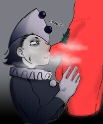 black_hair endacopia penis_near_face pierrot red_skin red_skinned_male steamy_breath ticketa_(endacopia) white_skin