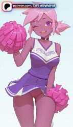 1girl 1girls 2026 ai_generated artist_name black_choker blush boobs breasts bust cheerleader chest choker electroworld gradient gradient_background hi_res high_quality high_resolution highres holding kipo_and_the_age_of_wonderbeasts kipo_oak open_mouth patreon patreon_username pink_hair pom_pom_(cheerleading) purple_eyes skirt smile solo stable_diffusion tits watermark