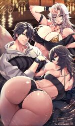 2girls big_breasts black_hair breasts busty female ferris_(raiosmanis) hips hourglass_figure huge_breasts human kagura_(raiosmanis) large_breasts legs leopard_print leopard_print_bra light-skinned_female light_skin lips long_hair multiple_girls shiny shiny_skin thick_legs thick_thighs thighs voluptuous w_techo300 waist white_hair wide_hips