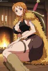 1girl ai_generated belt blush bracelet braid breasts brown_eyes candle cape cleavage closed_mouth digitalwaifugallery earrings fire fur_cape fur_trim hi_res high_quality high_resolution indoors jewelry large_breasts long_hair looking_at_viewer nami_(one_piece) one_piece orange_hair patreon seductive sexy shoulder_tattoo sitting skirt smile solo sword tattoo thigh_strap thighs uncensored watermark weapon wooden_floor