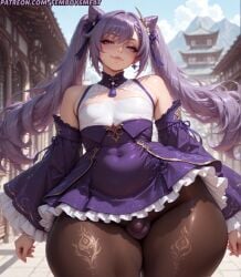 1boy ai_generated alternate_body_type balls bimbo black_tights bulge cameltoe casual casual_exposure casual_nudity child_bearing_hips choker curvy dress dress_lift femboy femboy_only femboysmeat femboysub genderswap genderswap_(ftm) genshin_impact hips hyper_hips keqing_(genshin_impact) lifted_dress looking_at_viewer looking_pleasured makeup male male_only otoko_no_ko penis posing_for_the_viewer purple_dress purple_eyes purple_hair rule_63 short_dress sissy sissyfication small_breasts small_bulge small_penis smug smug_face solo solo_femboy solo_male sweat sweating sweaty thick_thighs tight_clothing tight_fit twintails voluptuous voluptuous_body voluptuous_male white_skin wide_hips