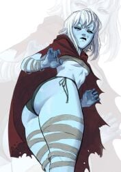adventurer ass ass_focus bandage bandaged_arm bandaged_chest bandaged_leg bandages barely_contained barely_contained_breasts belly_button black_eyes black_panties blue_body blue_lips blue_skin blue_skinned_female bottom_heavy bottom_heavy_female breasts cape caught_staring cloak commission covered_breasts disgust disgusted disgusted_expression disgusted_look dnd_character dungeons_and_dragons hips hot jimcheaseburger light_blue_skin looking_at_viewer looking_back looking_back_at_viewer looking_down looking_down_at_viewer navel no_bra no_pupils oc original_character panties petite petite_body petite_female slim_thick slim_waist small_breasts suggestive thick thick_ass thick_thighs thighs twitter_link underboob underwear white_hair white_hair_female wide_hips
