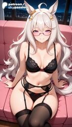1girls 2026 ahoge ai_assisted ai_generated anime biwa_hayahide_(umamusume) black_bra boobs bra breasts bust garter_belt garter_straps hi_res high_quality high_resolution highres lace-trimmed_bra long_hair navel night patreon patreon_username sitting skypassion solo stable_diffusion thighhighs tits umamusume umamusume_pretty_derby underwear watermark