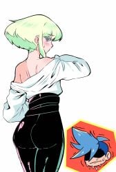1femboy 2boys androgynous ass ass_focus back_view blush blushing bob_cut clothed clothing embarrassed femboy femboy_focus feminine_male galo_thymos gay lio_fotia looking_at_viewer nervous petite petite_body petite_male pov promare rear_view short_hair skin_tight slim slim_male slim_waist small_waist solo_focus sweating tight_clothing tight_pants twink undressing yaoi