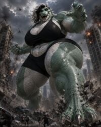 ai_generated anthro_female black_streak cityscape claws-and-paws crocodile crocodilian crop_top fingerless_gloves giantess oc rampage scalie_humanoid shorts side_hair two-tone_hair two_tone_skin white_hair