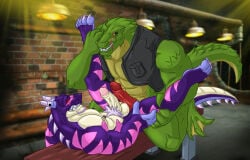 2boys anthro anthro_on_anthro balls batman_(series) big_penis black_vest clothing crocodile crocodilian dc dc_comics dragon duo erection eye_contact fan_character feet frankyzaraki furry furry_male furry_only gay genitals green_skin hand_on_leg huge_cock indoors interspecies killer_croc large_penis long_tail looking_at_another lying_on_back male male/male male_only mature_male muscles muscular muscular_male penis purple_skin red_penis reptile scalie smile tail teeth testicles villain yaoi