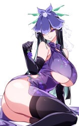 black_thighhighs large_breasts looking_at_viewer purple_dress purple_eyes thighs touhou yomotsu_hisami