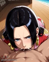 1boy 1girls ai_generated blush boa_hancock cum cum_in_mouth cum_in_throat deepthroat fellatio hetero looking_at_viewer male_pubic_hair ocean one_piece outdoors pov snake_earrings vilerune wooden_floor
