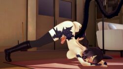 1girl alternate_genitals big_ass black_hair boots dragon_girl dragon_tail embarrassed_nude_female futanari gradient_hair hopesodesirable horns jack-o_pose koikatsu large_breasts large_penis mostly_nude nipples original_character penis red_eyes scales thigh_strap thighhighs thighs white_hair