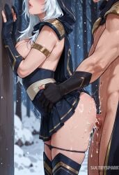 1boy 1girl against_tree against_wall ai_generated armlet artist_name ashe_(league_of_legends) black_cape black_gloves black_panties blush breasts cape clothed_sex cum cum_in_pussy cum_on_ass cum_overflow from_side futarush gloves head_out_of_frame hetero hood hood_up large_breasts league_of_legends long_hair outdoors panties panty_pull partially_fingerless_gloves patreon patreon_username penis riot_games sex sex_from_behind skirt snow solo_focus standing standing_sex sultryspark sweat testicles thighhighs torso_grab tree underwear white_hair