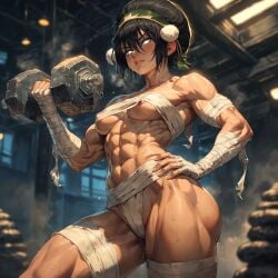 1girl 1girls ai ai-created ai_art ai_assisted ai_generated avatar_the_last_airbender bandage big_ass big_thighs dumbbell looking_at_viewer muscular muscular_ass muscular_female muscular_thighs nipple_slip solo solo_female steaming_body sweat sweaty sweaty_body toph_bei_fong training