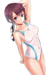 1girls 2015 arm_behind_back arm_behind_head armpits arms_up ass bare_shoulders belly blue_eyes blush breasts female female_only high_resolution looking_at_viewer muto navel original purple_hair short_hair simple_background swimming_goggles swimsuit thighs tight_clothing watermark wet white_background