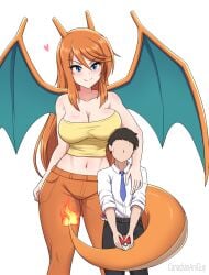 1boy 1girls 2024 bare_midriff big_breasts blue_eyes canadiananiguy charizard cute_fang dragon_girl dragon_wings gijinka mini_giantess orange_hair pokemon size_difference tagme taller_female