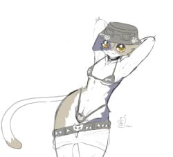 1girls amber_eyes armpits arms_behind_back artist_name bikini bucket_hat cat_ears cat_tail choker epic_games feline female female_focus female_only flat_chest fortnite fortnite:_battle_royale fur furry_female hat looking_at_viewer meow_skulls_(fortnite) pants_down slim_waist small_breasts tagme tail white_background