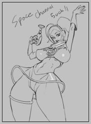 1girls anythinggoes big_breasts breasts monochrome nipple_bulge panties sega skirt space_channel_5 thick_thighs thighs ulala wide_hips