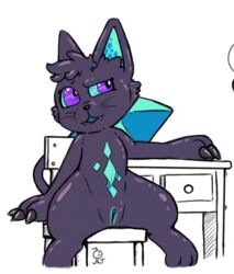 2021 azzyyeen black_body black_fur chair cute_fangs desk domestic_cat felid feline felis female front_view fur furniture genitals mammal markings moon_sugar_(naxylos) nude one_eye_half-closed purple_eyes pussy semi-anthro simple_background sitting sitting_on_chair solo table teal_sclera white_background