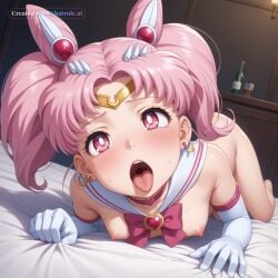 1girl ahegao_face ai_assisted ai_generated bed bed_room blush bow brooch choker circlet cone_hair_bun cowboy_shot detailed_face double_bun drunk dutch_angle earrings elbow_gloves gloves hair_bun hair_ornament heart heart_brooch high_angle huge_eyes indoors long_hair looking_at_viewer naked on_side parted_bangs petite_breasts pink_eyes pink_hair sailor_chibi_moon sailor_moon short_hair small_breasts solo source_anime twintails visible_breasts visible_nipples