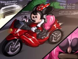 alternate_body_type angelauxes anthro belt black_fur bow disney english_text eyelashes eyeshadow flat_chest flat_chested furry gloves minnie_mouse mosaic_censoring motorcycle police_car polka_dot_bow pussy small_breasts spanish_text tail