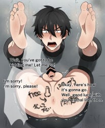 black_hair blush blushing body_writing bubble_ass bubble_butt censor_bar censored censored_penis dialog dialogue embarassed embarrassed_expression embarrassed_nude_male english english_dialogue english_text feet feet_up glory_hole glory_wall gloryhole letter male male/male male_only male_penetrating melon123 naked naked_male nude nude_male round_ass round_butt stuck stuck_in_wall virgin wall wall_(structure) writing writing_on_body