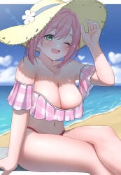 1girl absurdres bare_shoulders bikini blue_sky breasts cloud collarbone crossed_legs green_eyes hanazono_hakari highres huge_breasts kimi_no_koto_ga_dai_dai_dai_dai_daisuki_na_100-nin_no_kanojo looking_at_viewer navel ocean one_eye_closed open_mouth pink_bikini pink_hair plaid_bikini plaid_clothes sand sky solo sun_hat swimsuit