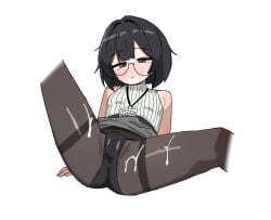 1girl black_panties black_pantyhose breasts clothes_lift commentary cum cum_on_body cum_on_clothes facial glasses grey_hair highres id_card lanyard original panties panties_under_pantyhose pantyhose round_eyewear saewoocho_bab shirt simple_background skirt skirt_lift sleeveless small_breasts thighband_pantyhose underwear