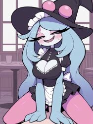ai_generated blue_eyes blue_hair hatterene long_hair original_character pink_eyes pink_hair tsareena waifu waifu_night white_body