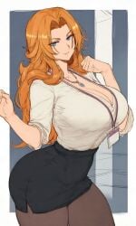 1girls ai_generated big_ass big_breasts bleach bleach:_the_thousand-year_blood_war blue_eyes curvy curvy_body curvy_female curvy_figure huge_ass huge_breasts large_ass large_breasts light-skinned_female light_skin long_hair looking_at_viewer matsumoto_rangiku mature_female milf necklace orange_hair pantyhose pencil_skirt seductive seductive_look shiny shiny_skin shirt skirt solo solo_female