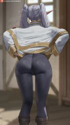 1girl ass black_pantyhose blurry blurry_background clothes_lift dress dress_lift elf facing_away frieren from_behind highres indoors long_pointy_ears long_sleeves oroborus panties panties_under_pantyhose pantyhose pointy_ears solo sousou_no_frieren standing twintails underwear white_dress white_hair