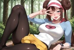 1futa ai_generated artist_name black_pantyhose blue_eyes blush breasts brown_hair bulge covered_penis double_bun erection_under_clothes forest futanari futarush hair_bun large_breasts long_hair looking_at_viewer lying medium_breasts nature one_eye_closed outdoors pantyhose patreon patreon_username pokemon pokemon_adventures pokemon_bw2 pokemon_masters_ex raglan_sleeves rosa_(pokemon) shirt short_shorts shorts solo sultryspark tongue tongue_out tree twintails v v_over_eye visor_cap yellow_shorts