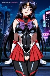 1girl ai_assisted ai_generated anime anime_coloring anime_screencap armor bare_shoulders black_bodysuit black_hair city cityscape clouds cowboy_shot crotchless curvy dark_theme detailed_pussy diadem dynamic_lighting elbow_gloves fishnets gloves heart_brooch high_contrast kagami_hirotaka koukawa_oboro leotard looking_at_viewer neon_lights night night_sky official_style outdoors parted_bangs pleated_skirt purple_eyes red_sailor_collar red_skirt rei_hino sailor_collar sailor_mars sailor_moon skirt soft_shading solo taimanin_asagi_zero taimanin_suit thigh_gap visible_pussy