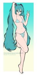 1girls arm_up armpits arms_behind_head arms_up bikini blue_background blue_eyes blue_hair blue_nail_polish commission feet gradient_background hatsune_miku hi_res highres long_hair looking_at_viewer mrpumpernickel nail_polish peace_sign perky_breasts pinup slim_female slim_waist small_breasts smile smiling_at_viewer striped_bikini swimsuit swimwear toenail_polish toenails_polish toes twintails twintails_(hairstyle) vocaloid