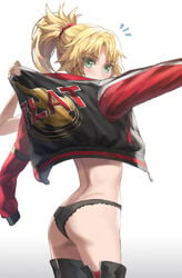 1girls 2d_(artwork) ass black_panties blonde blonde_eyebrows blonde_female blonde_hair blonde_hair_female blush boots dressing fate/grand_order fate_(series) female_ass green_eyes jacket looking_at_viewer looking_back mordred_(fate) no_pants panties ponytail standing tagme thigh_boots thighhighs tonee