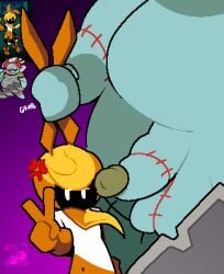 1boy 1girl1boy 1girls annoyed_expression bit-fruity black_body blue_skin bunny_ears_(gesture) defeated_heroine fully_clothed game_sprite gloves imminent_sex limited_palette mobile_game overweight_male yellow_hair