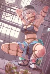 absurdres armpits arms_up baseball_cap bdsm bomb bondage bound breasts commentary_request crop_top crotch_rope drooling egg_vibrator explosive gag gagged girls'_frontline grey_hair hat highres leveen long_hair looking_down medium_breasts navel purple_eyes pussy_juice ring_gag sex_toy sharp_teeth shibari shibari_over_clothes shoes skindentation sl8_(girls'_frontline) sneakers spread_legs squatting stomach teeth tongue tongue_out vibrator