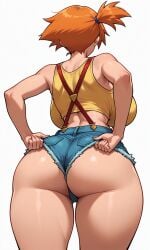 1girl ai_generated ass ass_focus asymmetrical_hair back backboob bare_arms bare_shoulders blue_shorts blush breasts busty clothing crop_top curvaceous cutoffs denim denim_shorts facing_away female female_only from_behind hands_on_hips hands_on_own_hips huge_ass kasumi_(pokemon) kneepits large_ass large_breasts median_furrow micro_shorts misty_(pokemon) orange_hair pokemon ponytail shiny_skin shirt short_hair short_shorts shorts side_ponytail sleeveless sleeveless_shirt solo standing suspender_shorts suspenders tank_top thick_ass thick_thighs thigh_gap thighs tied_hair underbutt wedgie wide_hips yellow_shirt yellow_tank_top