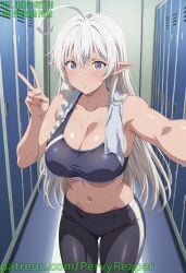 big_breasts elf_female rakudai_kenja_no_gakuin_musou seducing silver_hair sportswear