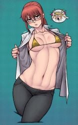 1girls black_pants bottomwear bra breasts cleavage clothing eyewear female female_only glasses kobayashi limn044 miss_kobayashi's_dragon_maid open_shirt pants pubic_stubble red_eyes red_hair shirt small_breasts solo solo_focus speech_bubble thighs tohru_(dragon_maid) topwear white_shirt yellow_bra