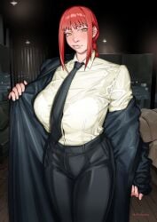 background big_ass big_breasts braid chainsaw_man clothed dauslosaurus lace-trimmed_bra large_hips makima_(chainsaw_man) red_eyes red_hair shirt thick_lips tie white_shirt yellow_eyes